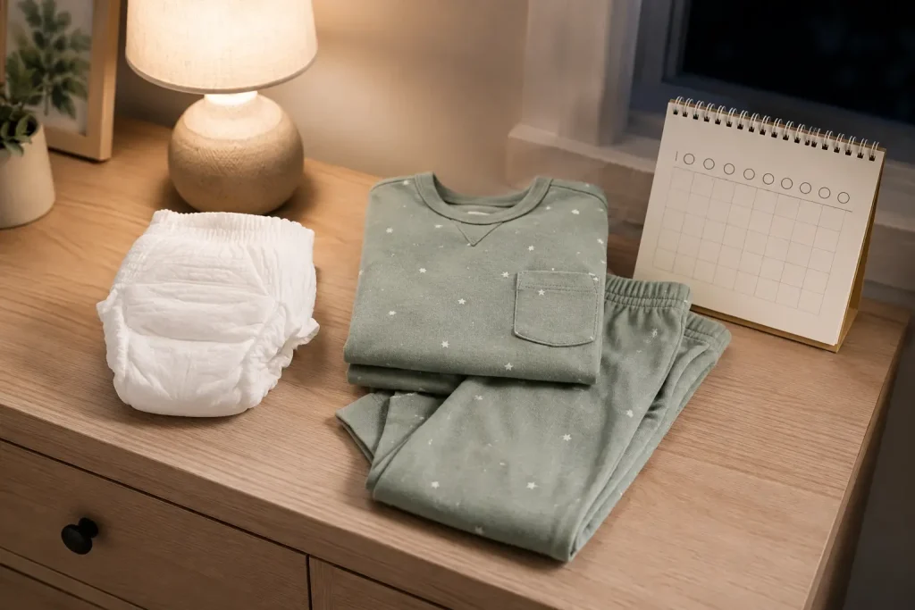 Sucha pielucha nocna, piżama oraz prosty kalendarz spokojnej obserwacji poranków.