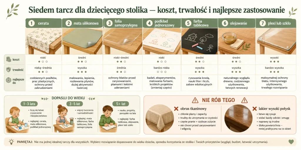 Siedem tarcz dla dziecięcego stolika — koszt, trwałość i najlepsze zastosowanie