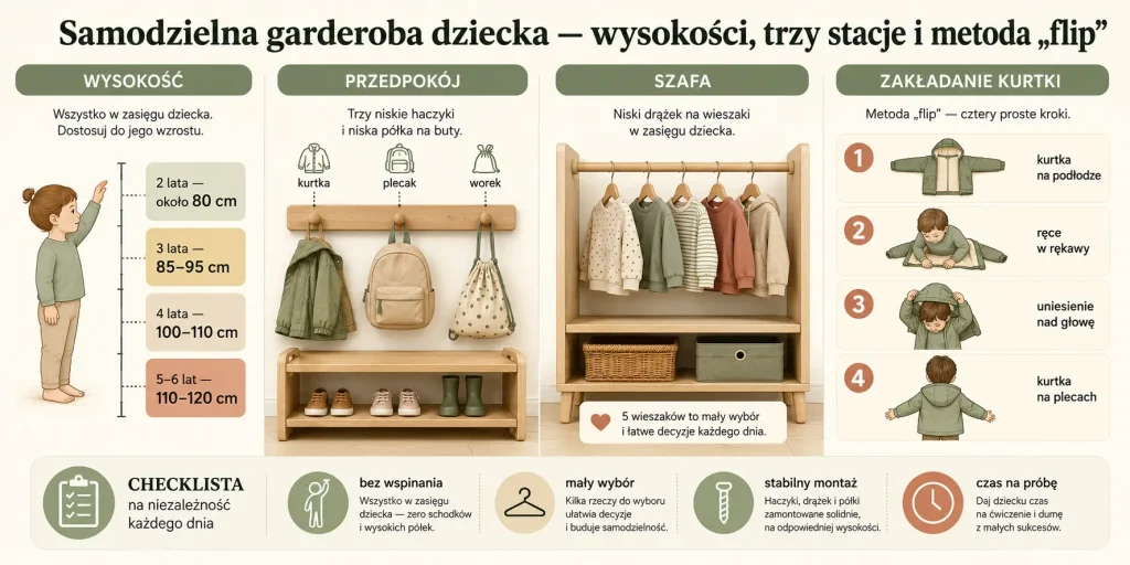 Samodzielna garderoba dziecka — wysokości, trzy stacje i metoda „flip”
