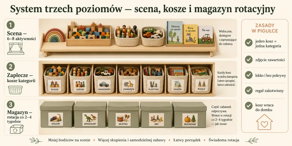 System trzech poziomów — scena, kosze i magazyn rotacyjny