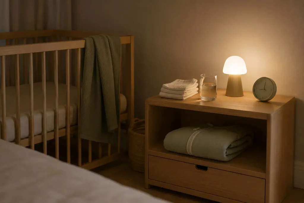 Proste nocne stanowisko rodzica bez nadmiaru gadżetów, z wodą, lampką i przygotowanym śpiworkiem