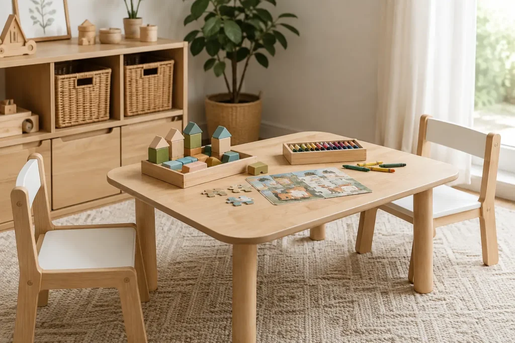 Niski stolik wykorzystywany do wspólnej zabawy klockami, puzzlami i prac plastycznych.