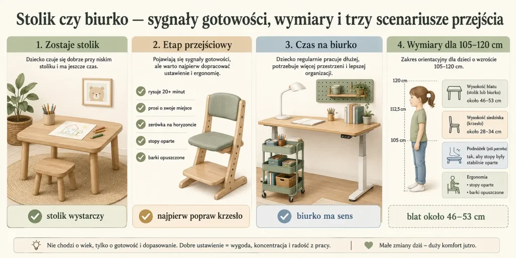 Stolik czy biurko — sygnały gotowości, wymiary i trzy scenariusze przejścia