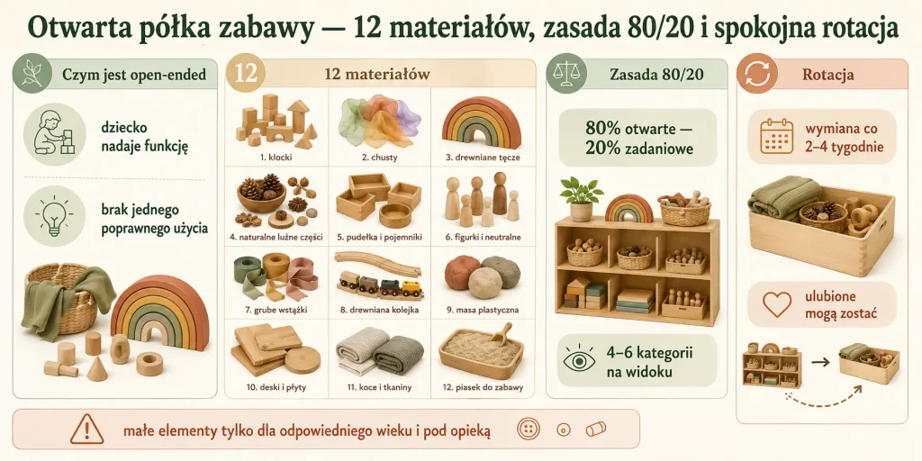 Otwarta półka zabawy — 12 materiałów, zasada 80/20 i spokojna rotacja
