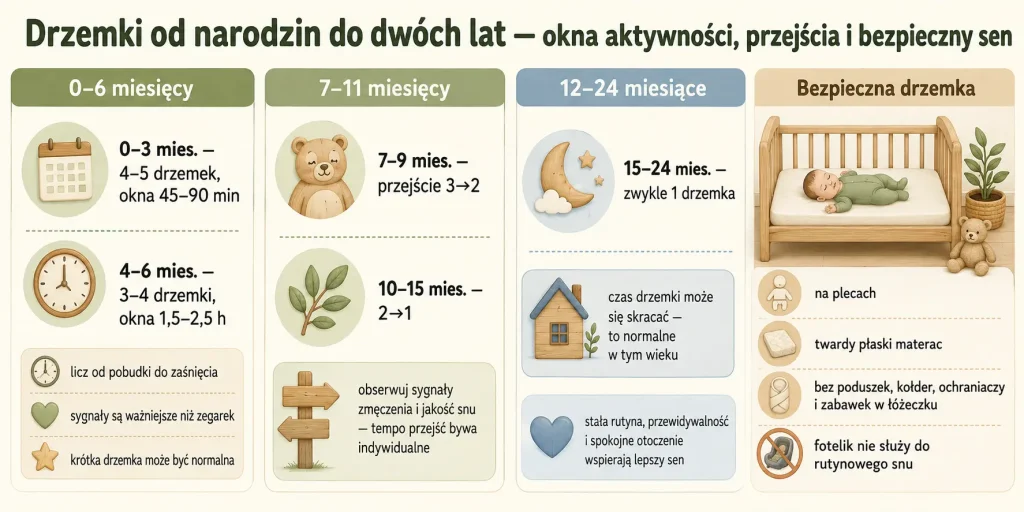 Drzemki od narodzin do dwóch lat — okna aktywności, przejścia i bezpieczny sen