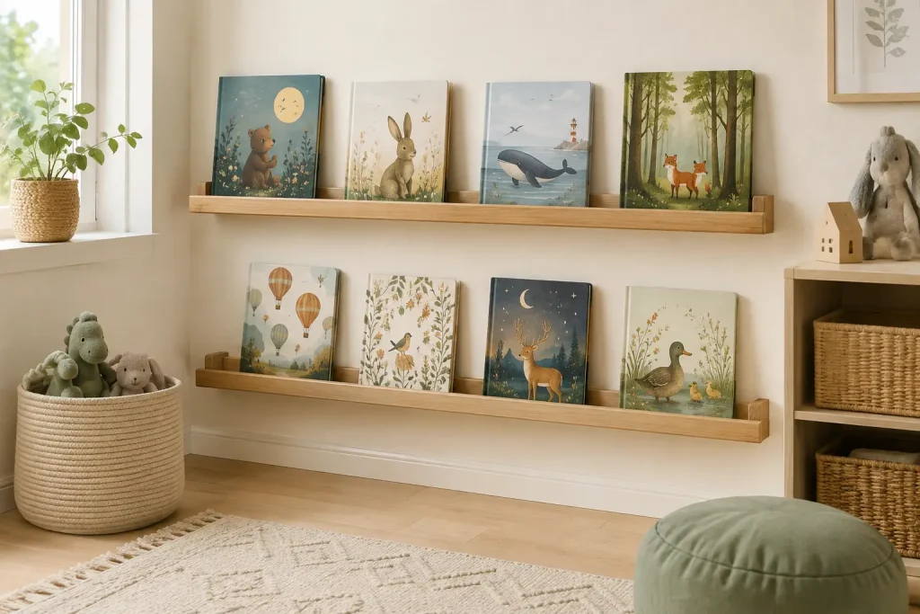 Dwie niskie półki z ośmioma książkami ustawionymi frontem do okładek