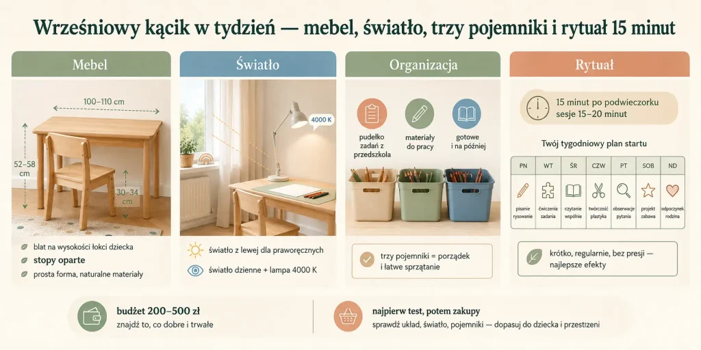 Wrześniowy kącik w tydzień — mebel, światło, trzy pojemniki i rytuał 15 minut