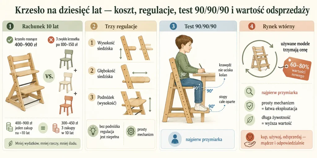 Krzesło na dziesięć lat — koszt, regulacje, test 90/90/90 i wartość odsprzedaży