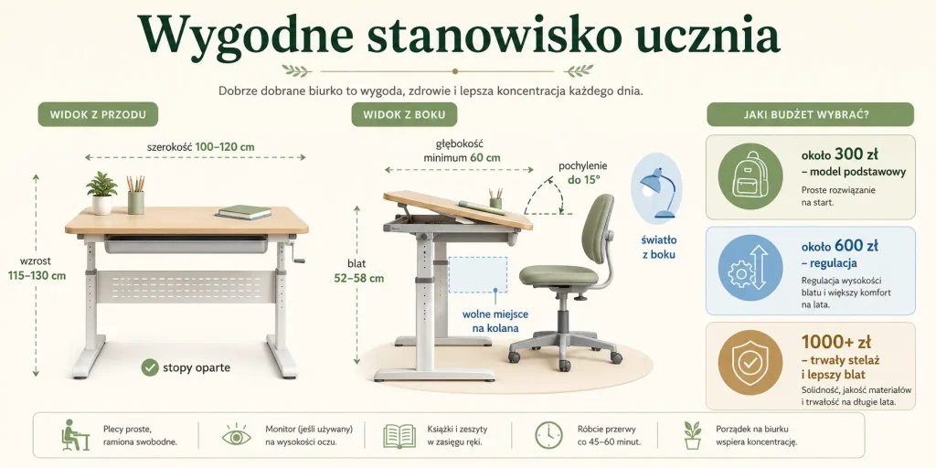 Wymiary i ustawienia wygodnego stanowiska ucznia – wysokość blatu 52–58 cm, głębokość minimum 60 cm, szerokość 100–120 cm, światło z boku i osiem testów zakupowych
