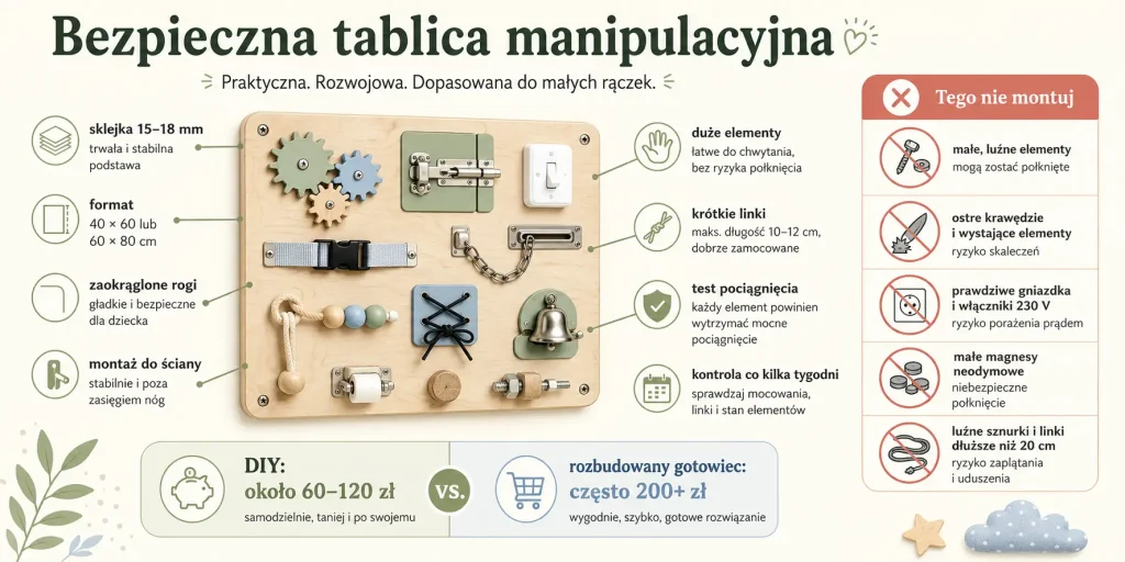 Bezpieczna tablica manipulacyjna – format sklejki, rozmieszczenie elementów, zakazane części i kontrola mocowań
