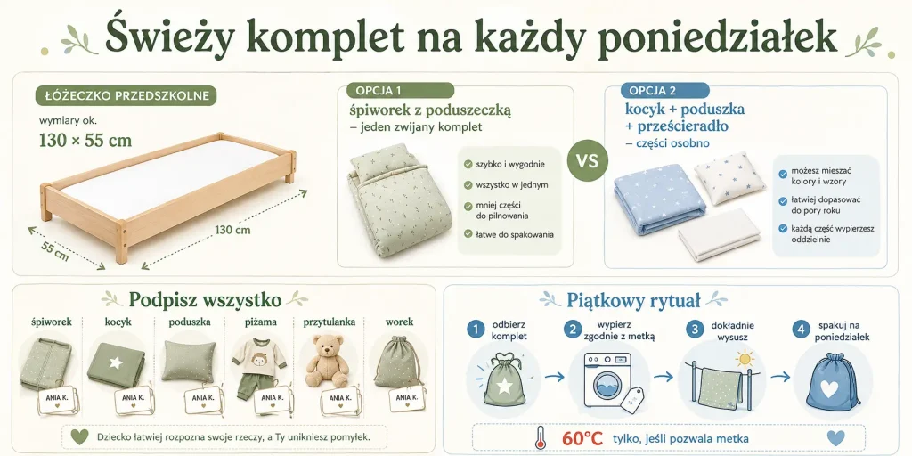 warianty wyprawki, rozmiar leżaczka, podpisywanie i rytuał prania