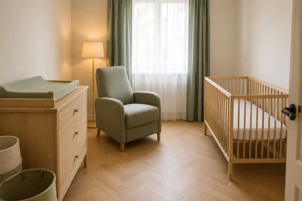 Podstawowe wyposażenie pokoju noworodka – łóżeczko, komoda, fotel, lampka i dwa kosze