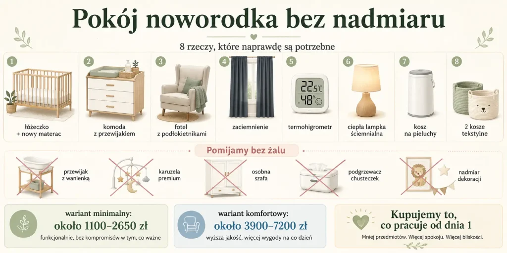 osiem rzeczy potrzebnych od pierwszego dnia, lista pomijanych zakupów oraz dwa poziomy budżetu