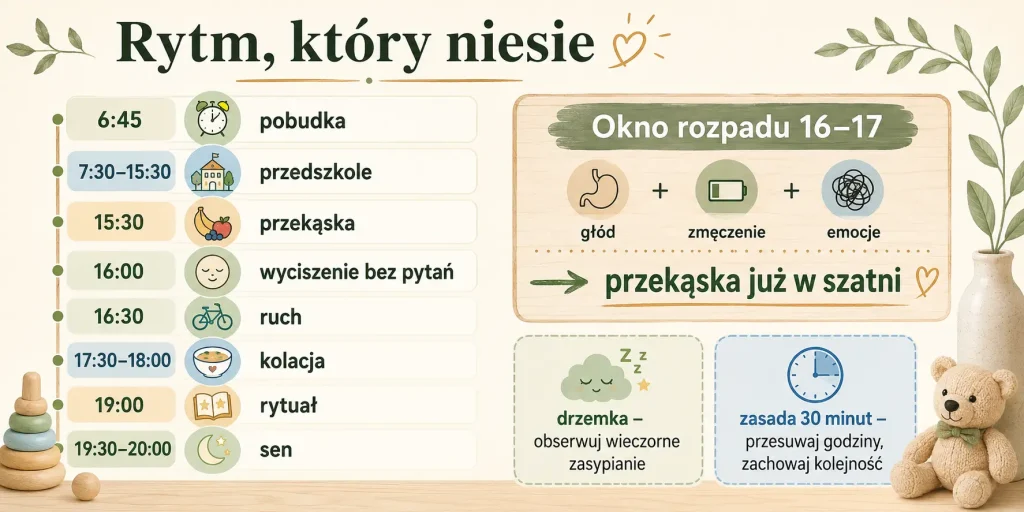 godziny dnia trzylatka, okno rozpadu 16–17, warianty drzemki i zasada 30 minut