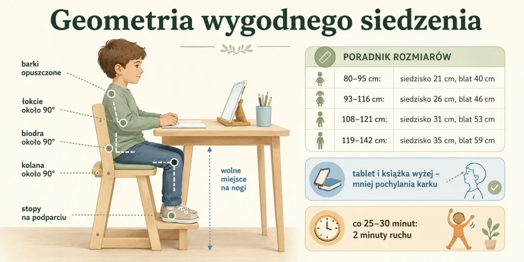 zasada 90/90/90, tabela wysokości, podnóżek, światło oraz rytm przerw