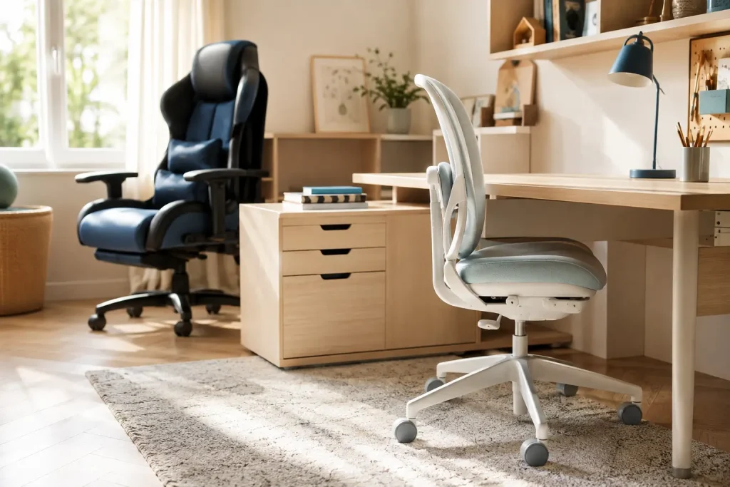 Proste ergonomiczne krzesło zestawione z masywnym modelem pełnym zbędnych dodatków]