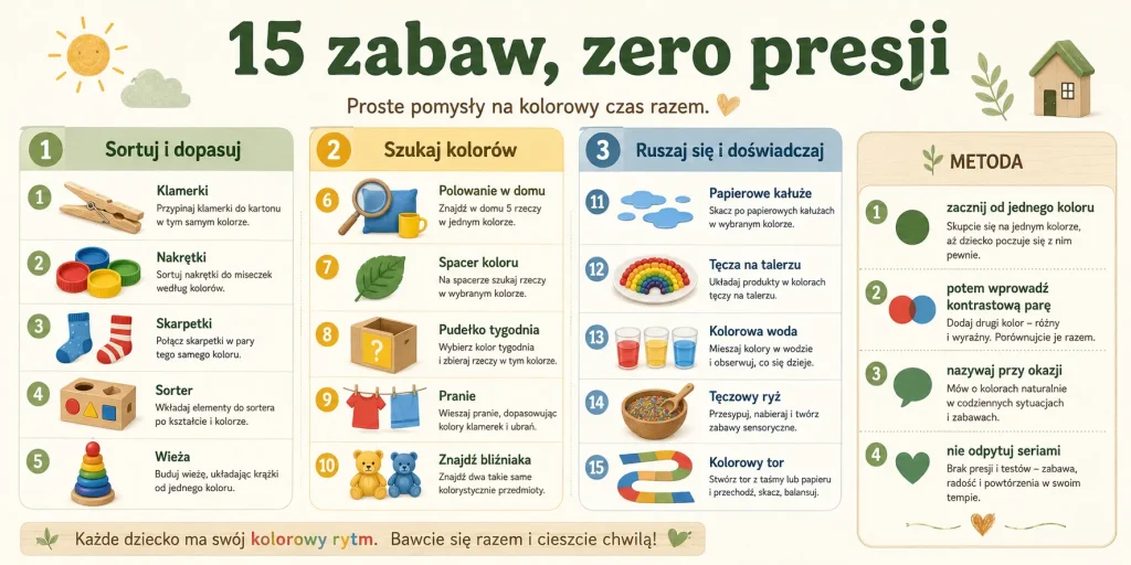 jeden kolor na początek, kontrastowe pary, ruch, sortowanie i spokojne nazywanie
