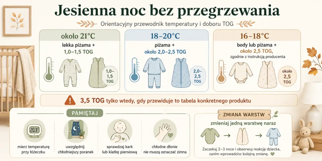 temperatura 16–21°C, orientacyjne TOG, warstwy, kontrola karku i przejście z lata krok po kroku