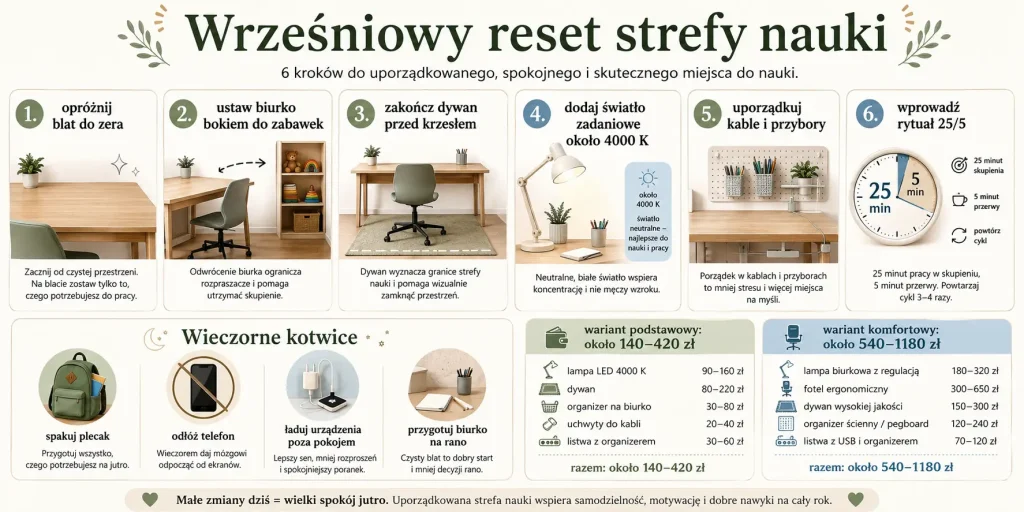 granica od zabawy, pusty blat, światło 4000 K, porządek kabli, rytuał 25/5 i plan na jeden weekend