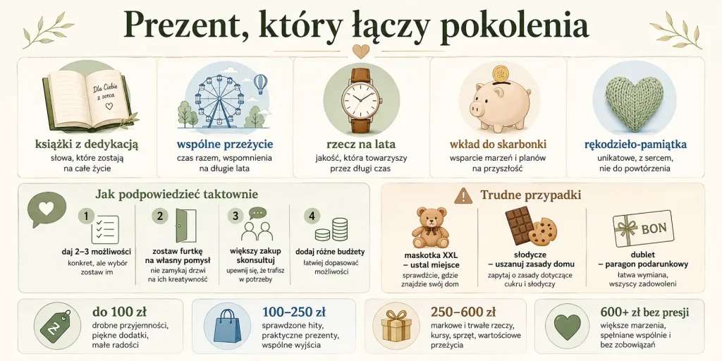  pięć pewnych kategorii, taktowna podpowiedź, budżety bez presji i zasada konsultacji większych zakupów