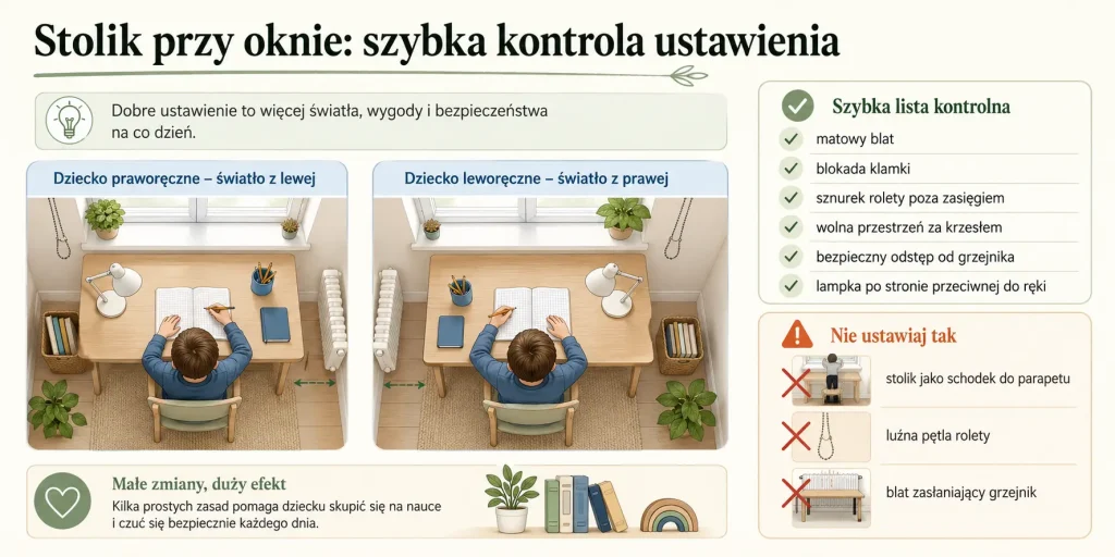 układ światła dla dziecka prawo- i leworęcznego, bezpieczna odległość od parapetu, blokada klamki, osłona grzejnika oraz właściwe miejsce lampki