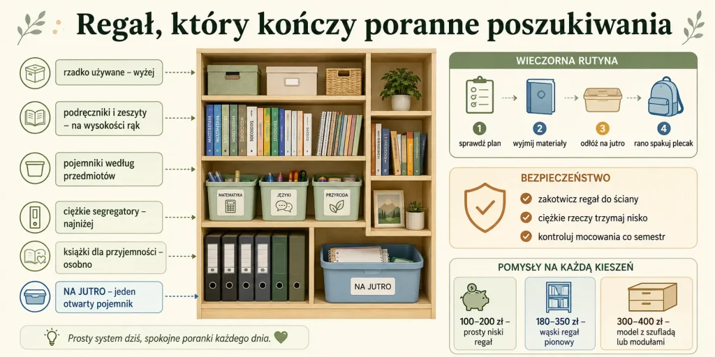 strefa szkolna na wysokości rąk, pojemniki według przedmiotów, półka „na jutro”, osobne książki prywatne i bezpieczne kotwiczenie