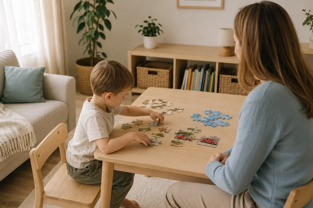 Dłonie dziecka sortujące brzegi i elementy puzzli według kolorów