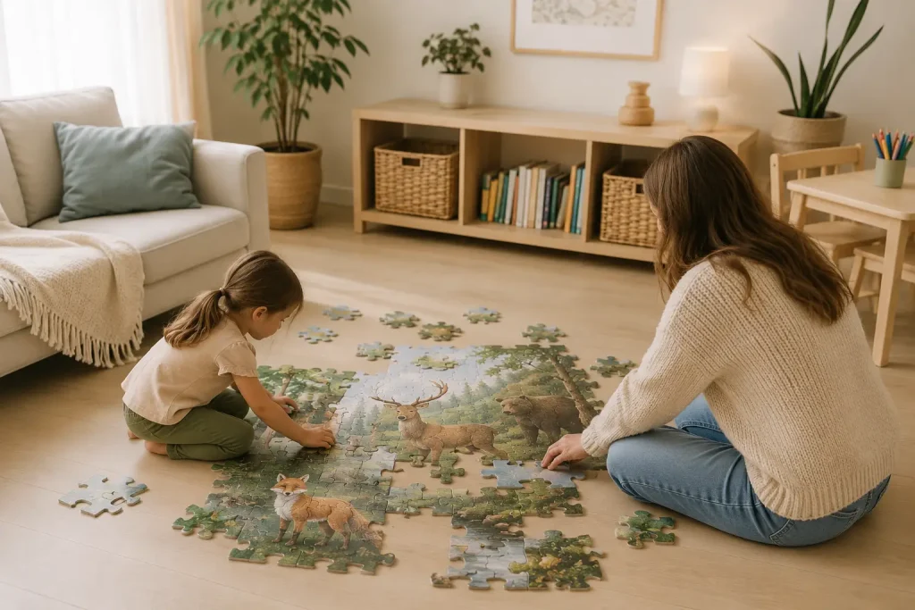 Rodzic i dziecko wspólnie układają duże puzzle, pracując nad osobnymi fragmentami