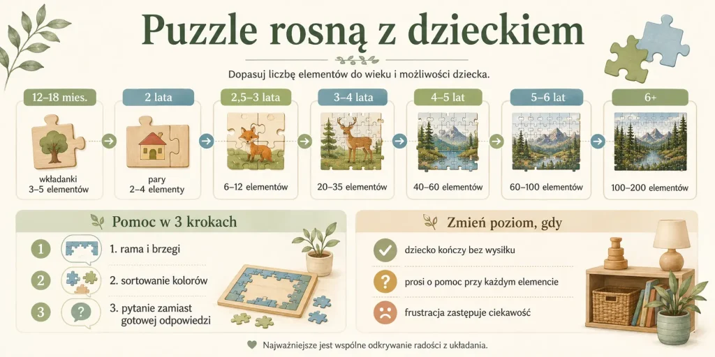 liczba elementów od 12 miesięcy do 6+ lat, trzy stopnie pomocy dorosłego oraz sygnały, że warto zwiększyć lub zmniejszyć poziom