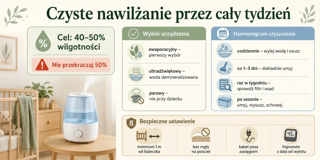 wybór technologii, właściwe ustawienie, docelowa wilgotność i siedmiodniowy plan higieny.
