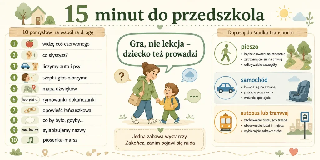 10 zabaw słownych dopasowanych do spaceru, samochodu i komunikacji oraz zasada „gra, nie lekcja”