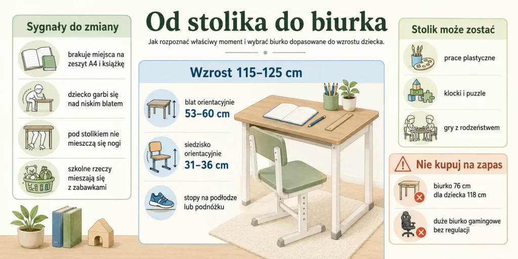 sygnały gotowości, wymiary dla wzrostu 115–125 cm, prawidłowa pozycja i checklista przesiadki