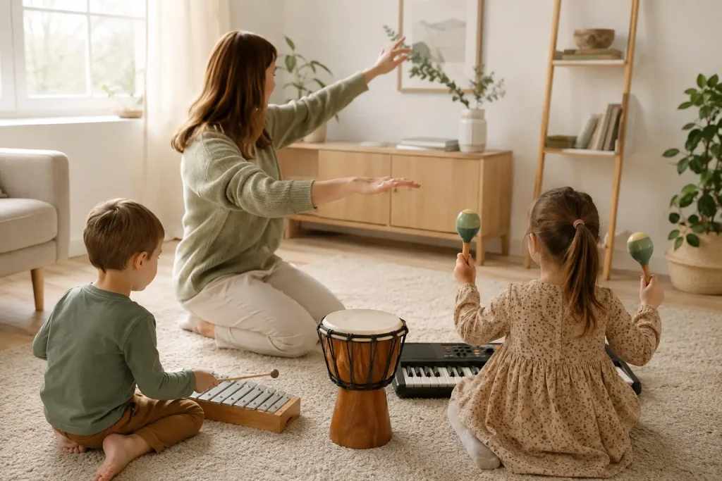 Rodzina sprawdza brzmienie i głośność bębenka, cymbałków, fletu oraz mini keyboardu.
