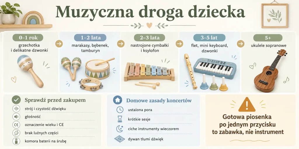 instrumenty od pierwszej grzechotki do ukulele, kryteria bezpiecznego wyboru, test stroju i domowe zasady koncertów