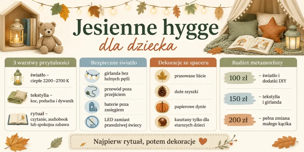 ciepłe światło 2200–2700 K, trzy warstwy tekstyliów, bezpieczne dekoracje DIY, rytuały oraz metamorfoza za 100–200 zł.