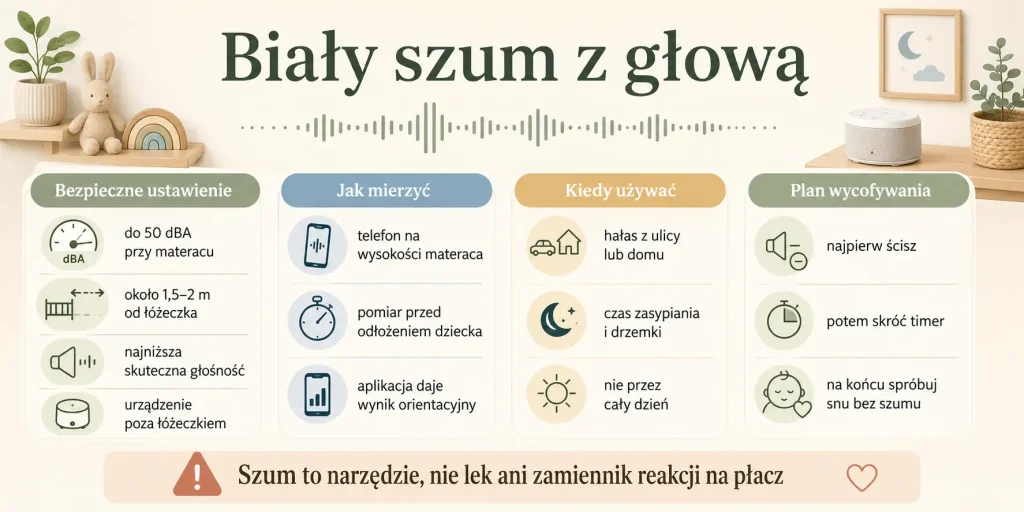  do 50 dBA przy materacu, około 1,5–2 m od łóżeczka, najniższa skuteczna głośność, timer i dwutygodniowy plan wycofywania