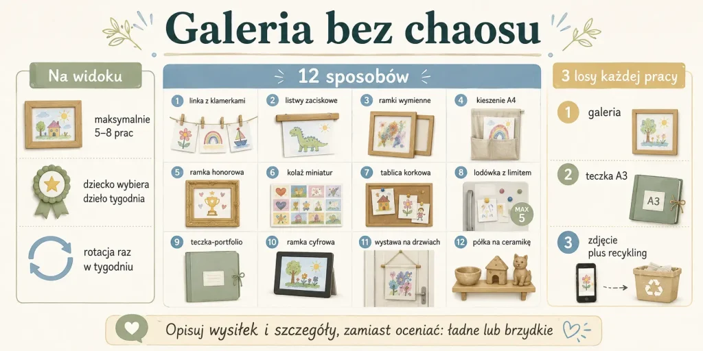 5–8 prac na widoku, cotygodniowa rotacja, trzy losy każdej kartki oraz 12 sposobów ekspozycji od klamerek po archiwum cyfrowe