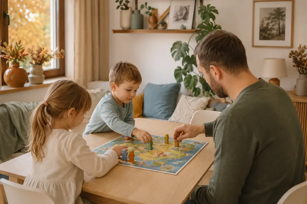 Rodzina wspólnie buduje planszę w kooperacyjnej grze bez indywidualnego zwycięzcy.