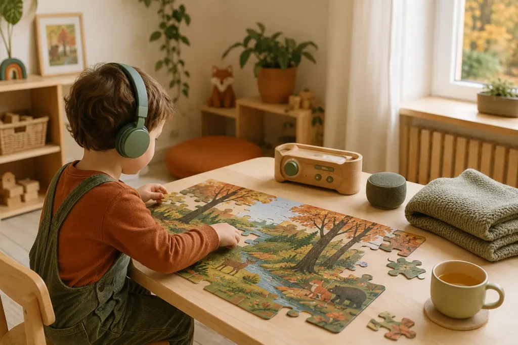 Dziecko słucha bajki z odtwarzacza audio, układając puzzle przy stole.