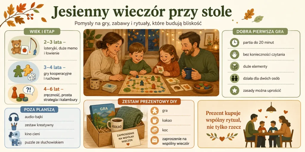 gry według wieku 2–6 lat, zasada partii do 20 minut, propozycje bez ekranu i zestaw prezentowy DIY