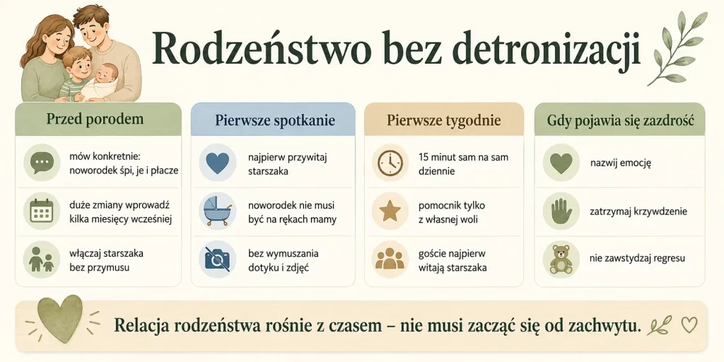 uczciwe rozmowy w ciąży, zmiany wprowadzone wcześniej, spokojne pierwsze spotkanie, piętnaście minut sam na sam oraz zdania pomagające przy zazdrości i regresie
