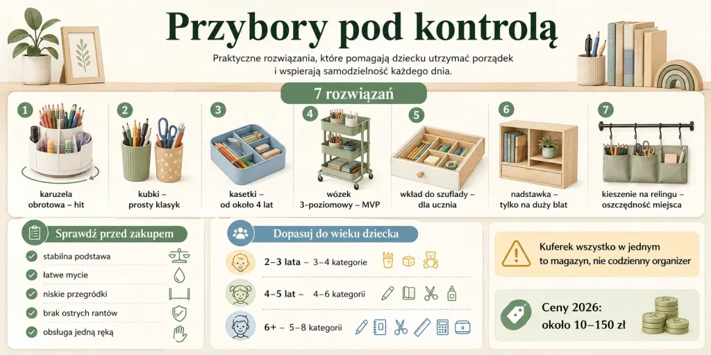 siedem typów organizerów, dopasowanie do wieku, budżet 10–150 zł i szybki test wygody przed zakupem