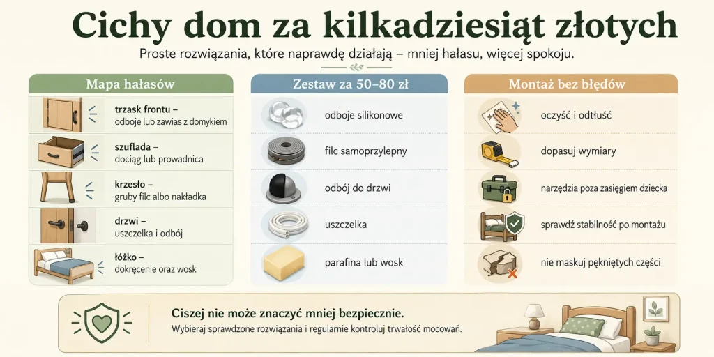 mapa hałasów, odboje do frontów, filc lub nakładki pod krzesła, uszczelka drzwiowa oraz bezpieczne usunięcie skrzypienia łóżka