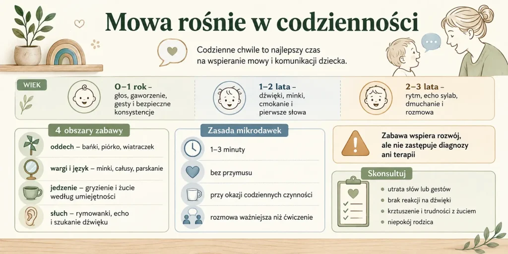 krótkie zabawy oddechowe, minki bez przymusu, bezpieczne konsystencje, rytm i rozmowa zamiast domowej terapii na własną rękę