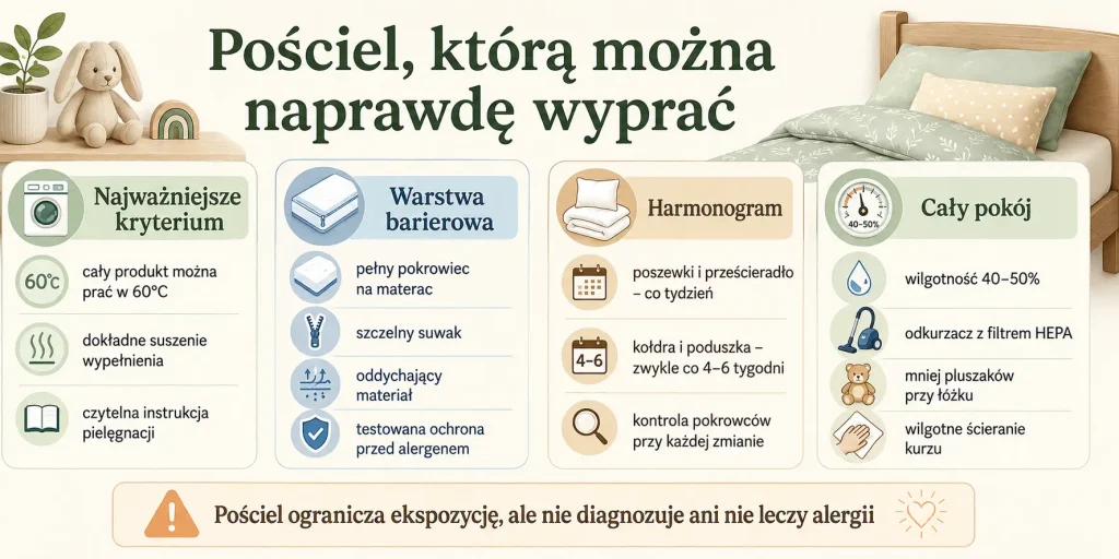kryterium 60°C, pełne pokrowce barierowe, harmonogram cotygodniowy, wilgotność poniżej 50% oraz lista marketingowych pułapek