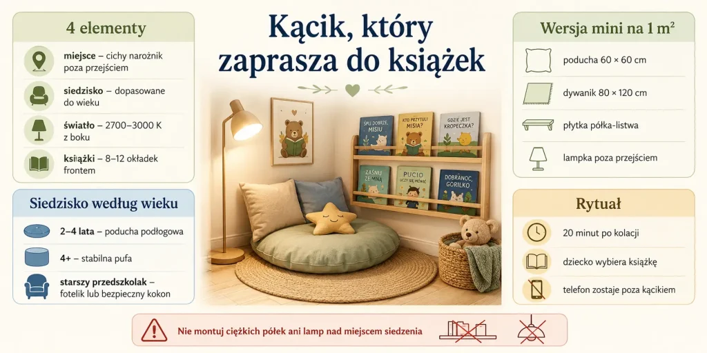 spokojny narożnik, siedzisko dopasowane do wieku, światło 2700–3000 K, 8–12 okładek frontem i codzienny rytuał 20 minut