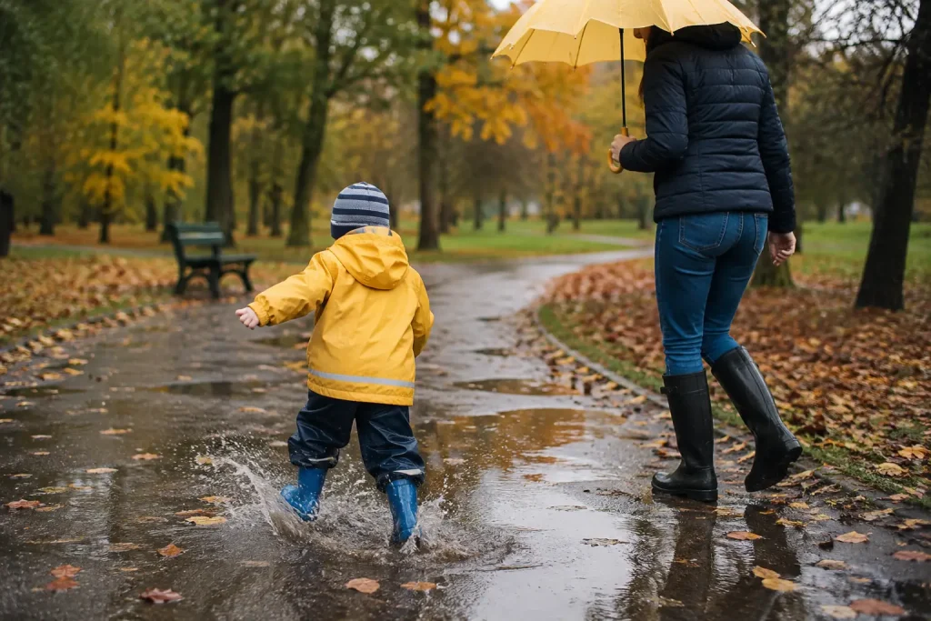 Dziecko w odzieży przeciwdeszczowej podczas bezpiecznej zabawy w kałużach