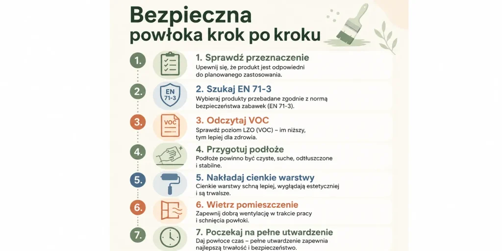 „Bezpieczna powłoka krok po kroku”: wybór produktu, EN 71-3, VOC, przygotowanie, cienkie warstwy, wietrzenie, pełne utwardzenie