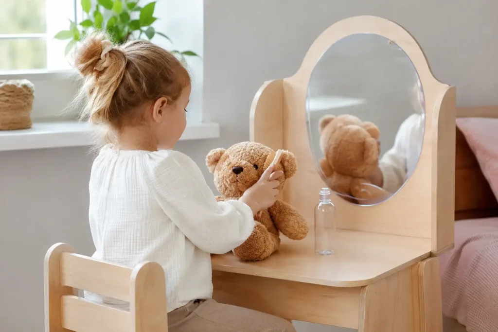 czterolatka czesząca pluszowego misia przy jasnej toaletce