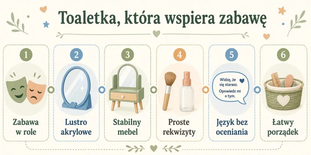 „Toaletka, która wspiera zabawę”: rola, bezpieczne lustro, stabilność, rekwizyty, język dorosłych, porządek